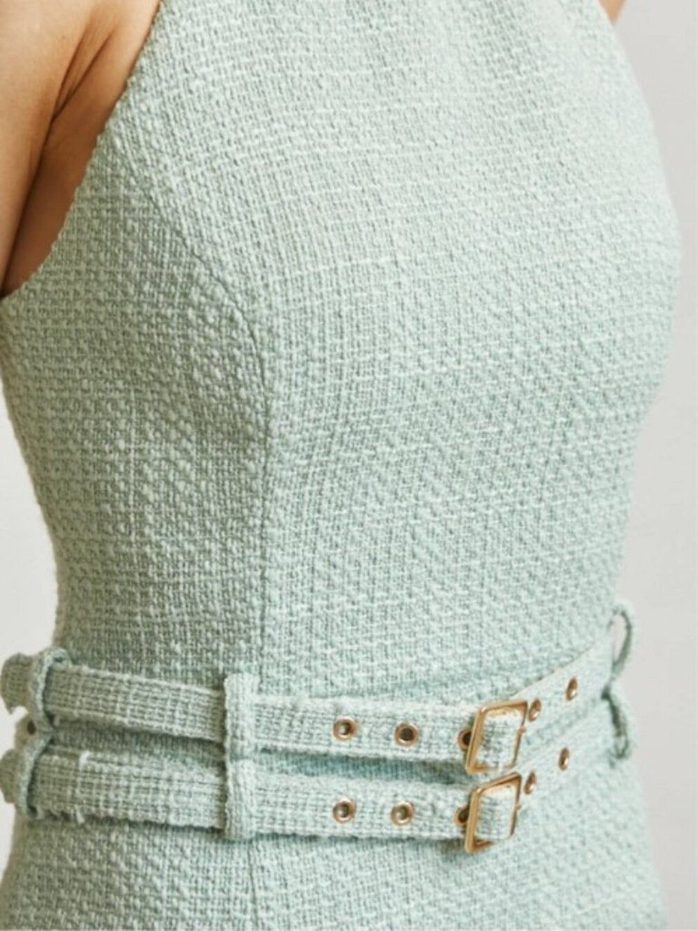 Sage Green Luxe Halter Pleated Maxi Dress with Double Belt Detail