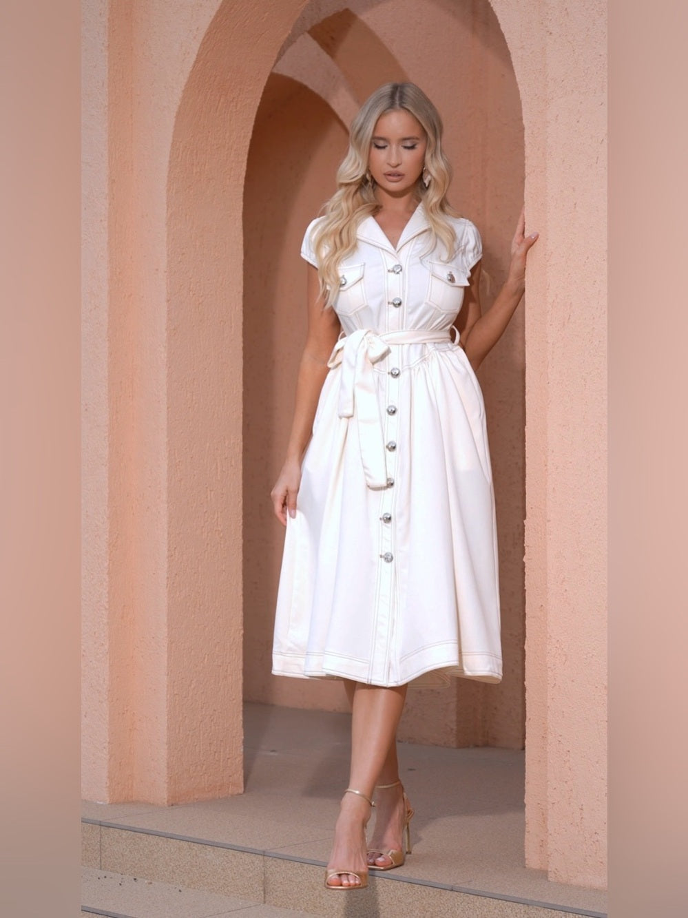 Elegant Cream/White Denim Button-Front Midi Dress with Tie Waist