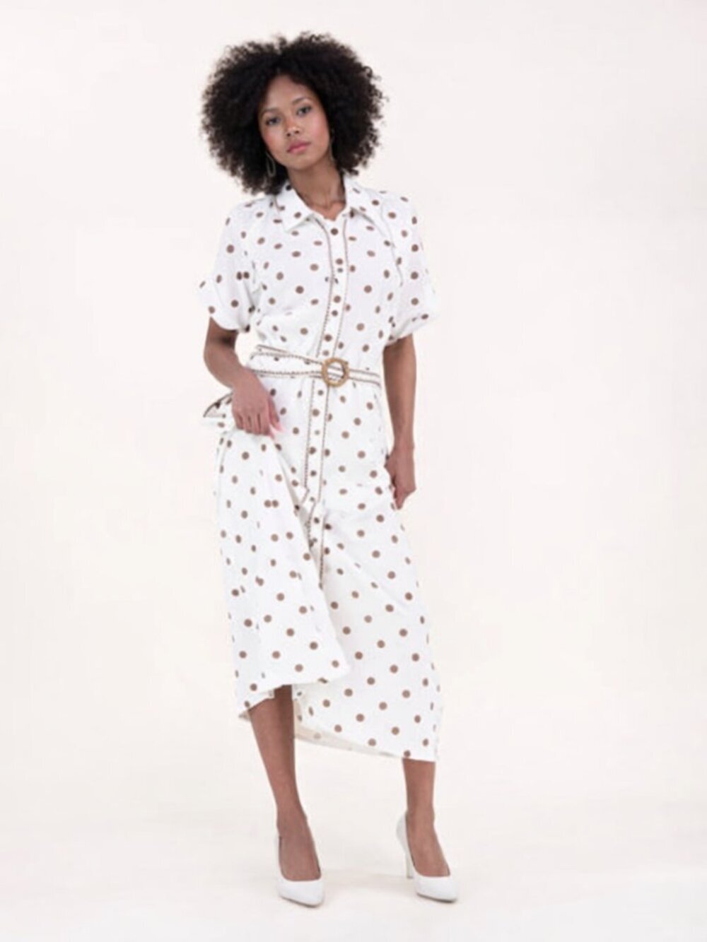 Chic Ivory & Mocha Polka Dot Midi Dress with Belt – Elegant Button-Down Style