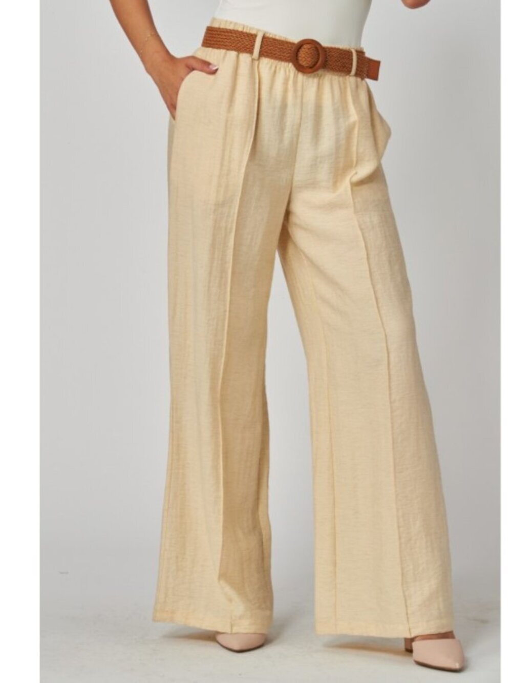 Butter Linen Pleated Pants with Woven Rattan Stretch Belt