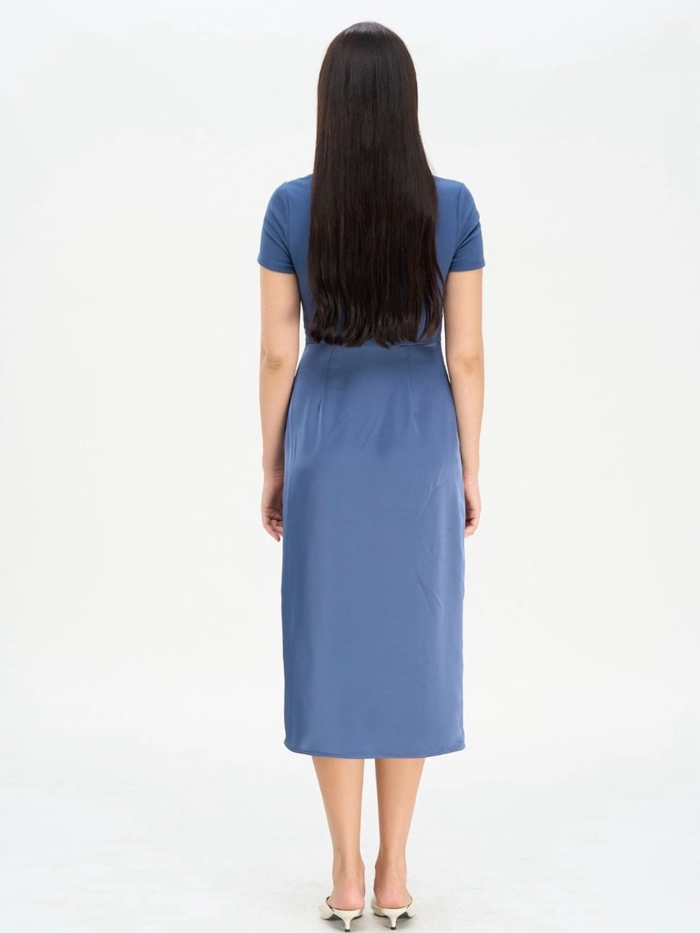 Steel Blue Front Slit Satin Twist Midi Dress