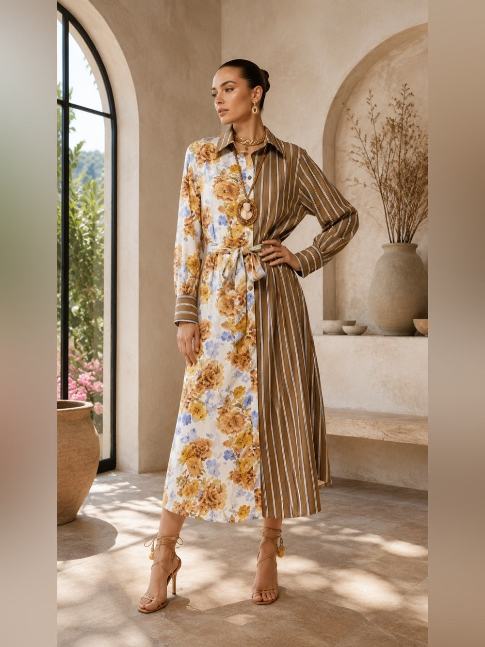 Made In Italy Tuscan Garden Mixed-Print Belted Midi Shirt Dress