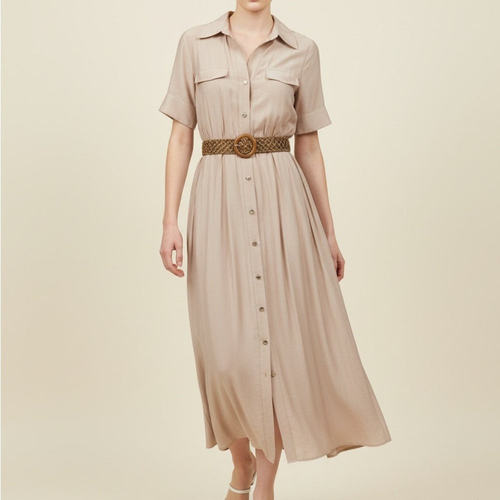 Tan Button-Down Midi Dress with Belt | Chic Classic Summer Dress