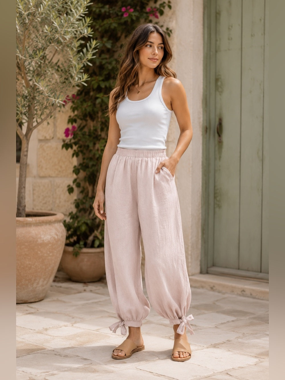 Made In Italy Positano Breeze Blush Linen Tie-Ankle Pants