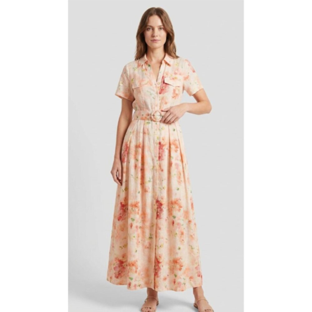 Peach Watercolor Floral Button Front Maxi Dress With Belt