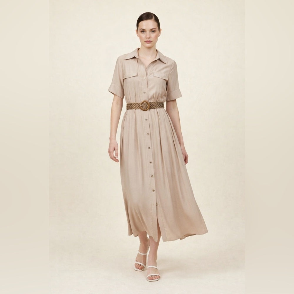 Tan Button-Down Midi Dress with Belt | Chic Classic Summer Dress