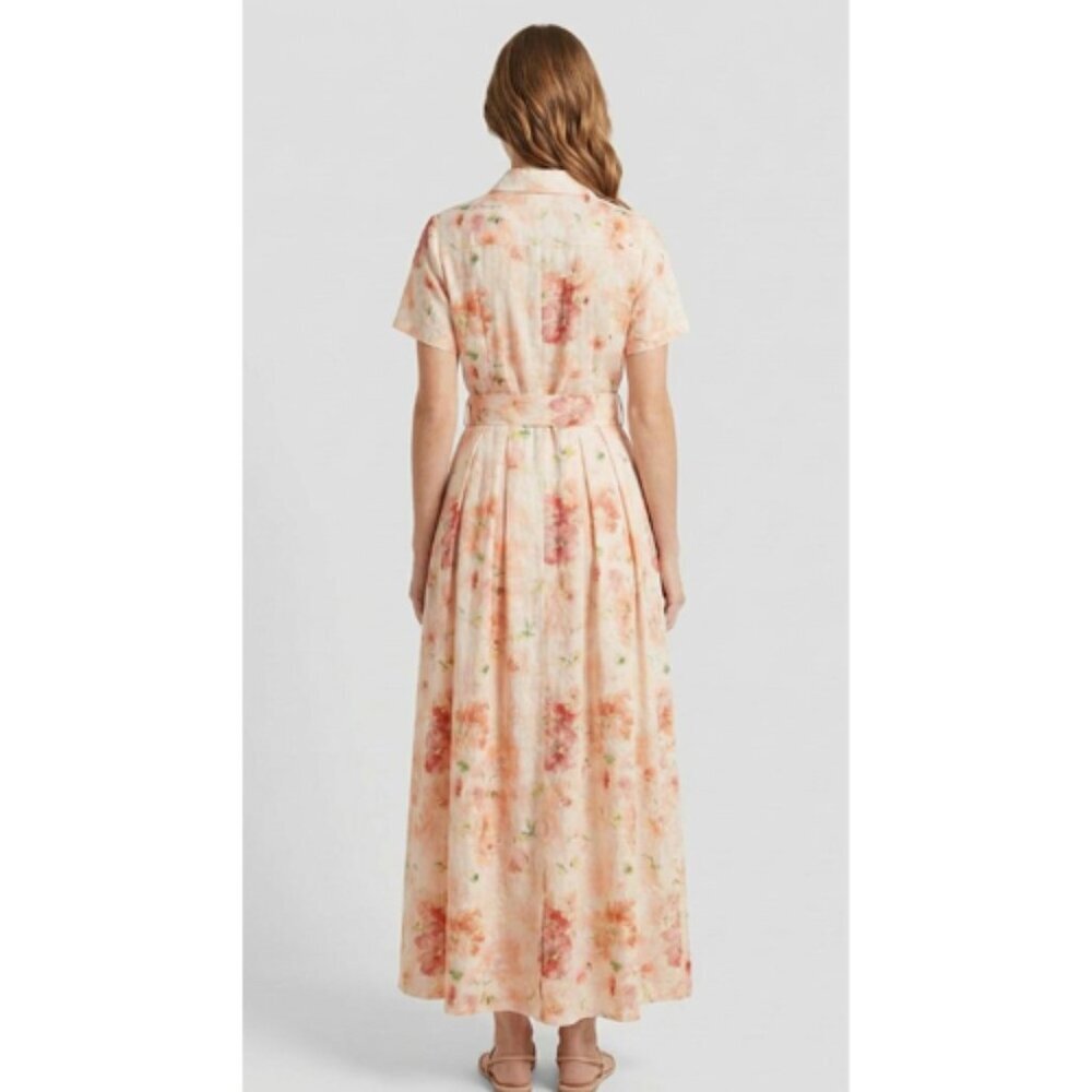 Peach Watercolor Floral Button Front Maxi Dress With Belt