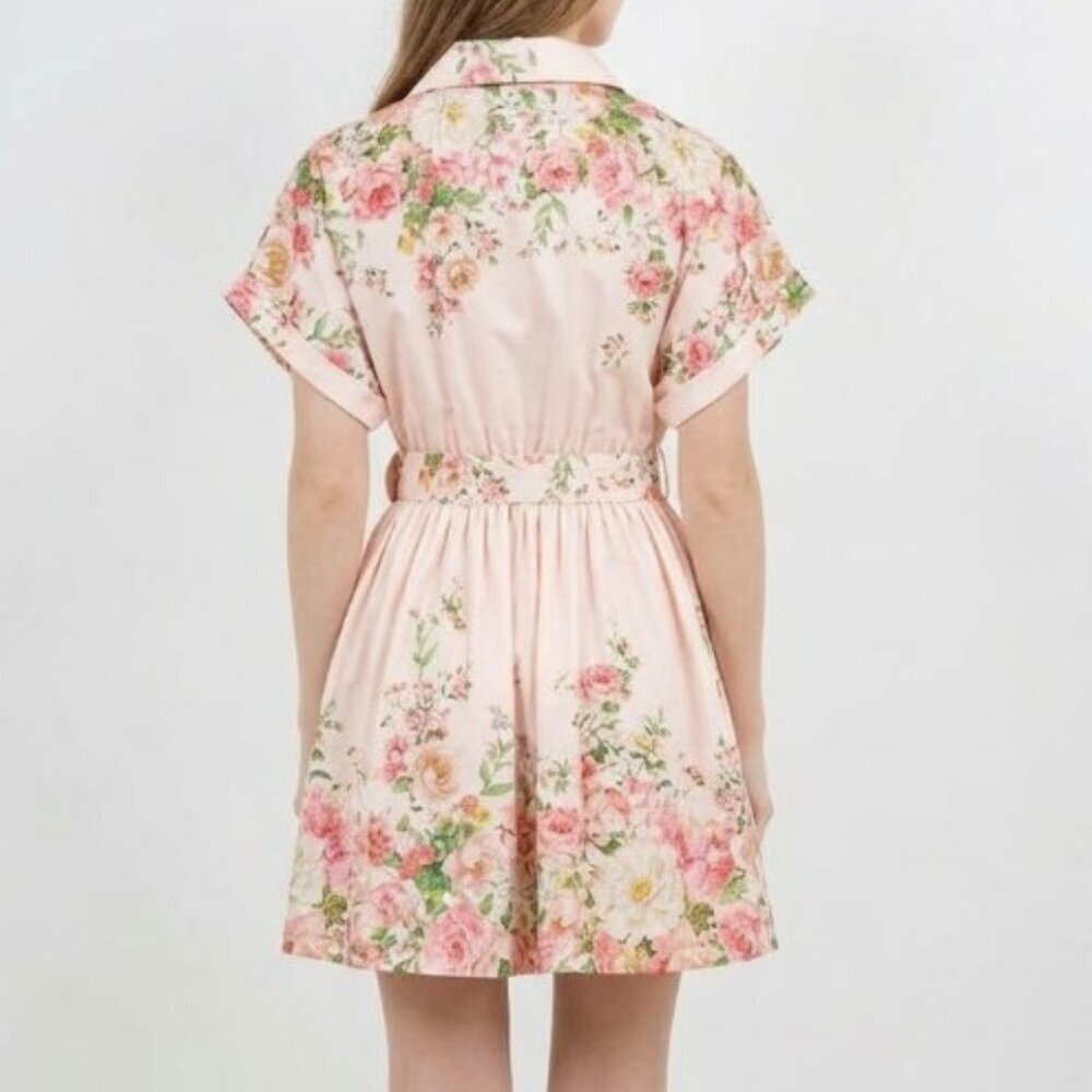 Floral Pink Print Button Front Mini Dress With Belt