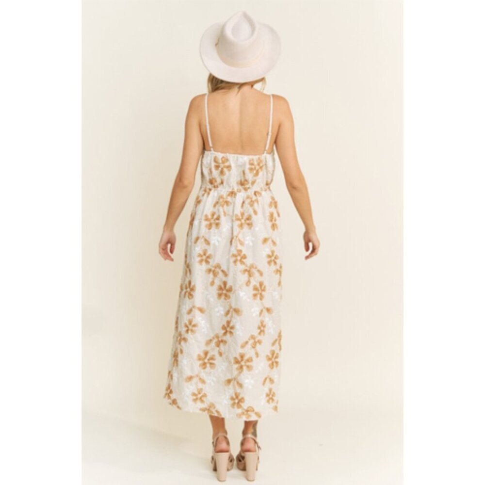 3D Floral Textured Natural Woven Fabric Tank Midi Tiered Dress