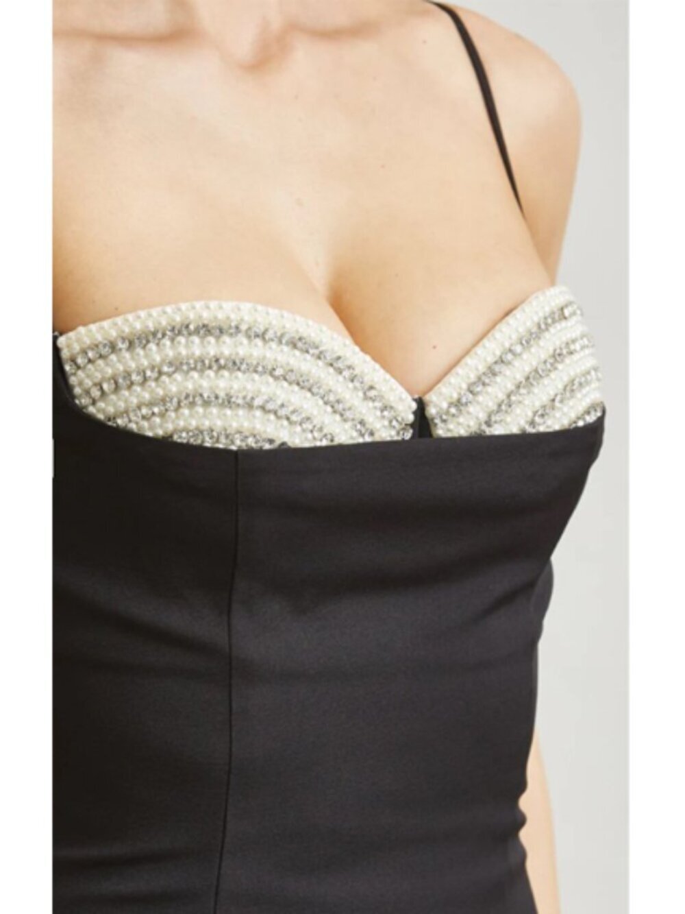 Black & Ivory Corset Maxi Dress with Rhinestone & Pearl Applique Peekaboo Bust