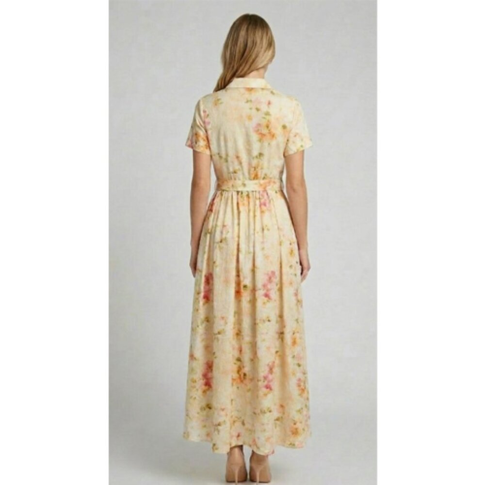 Yellow Watercolor Floral Button Front Maxi Dress With Belt