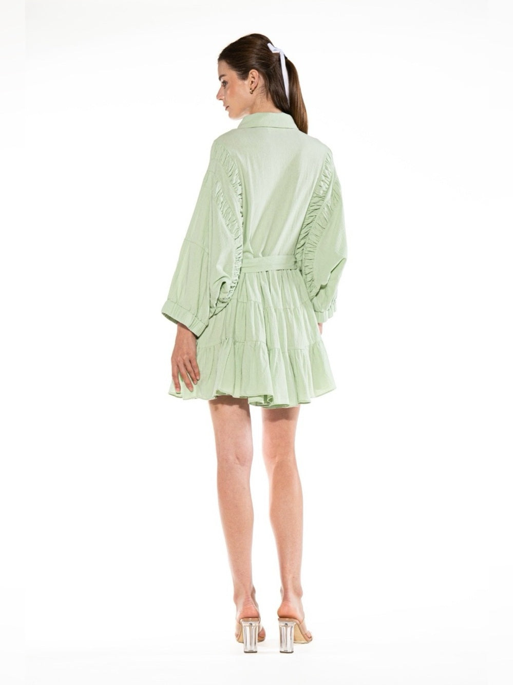 Sage Luxe Belted Tiered Mini Dress