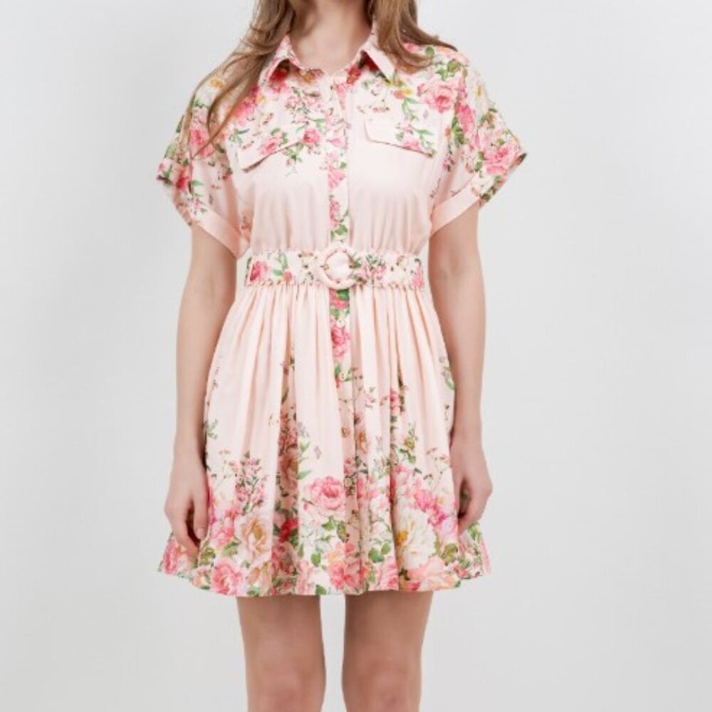 Floral Pink Print Button Front Mini Dress With Belt