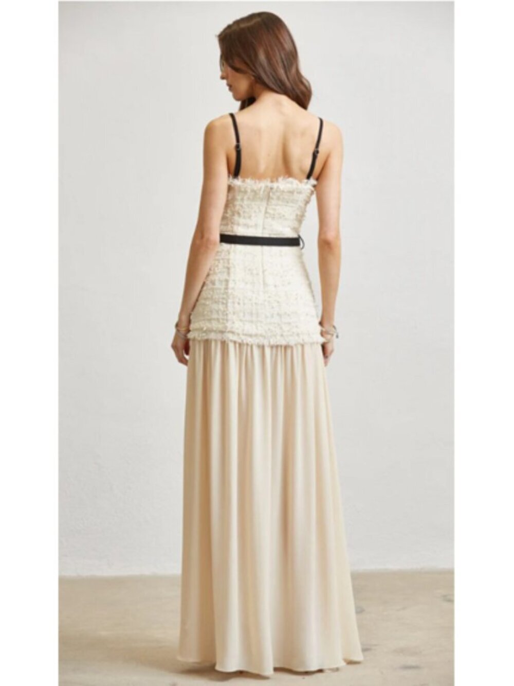 Ivory & Black Tweed Bodice Maxi Dress with Flowing Skirt & Belt Detail