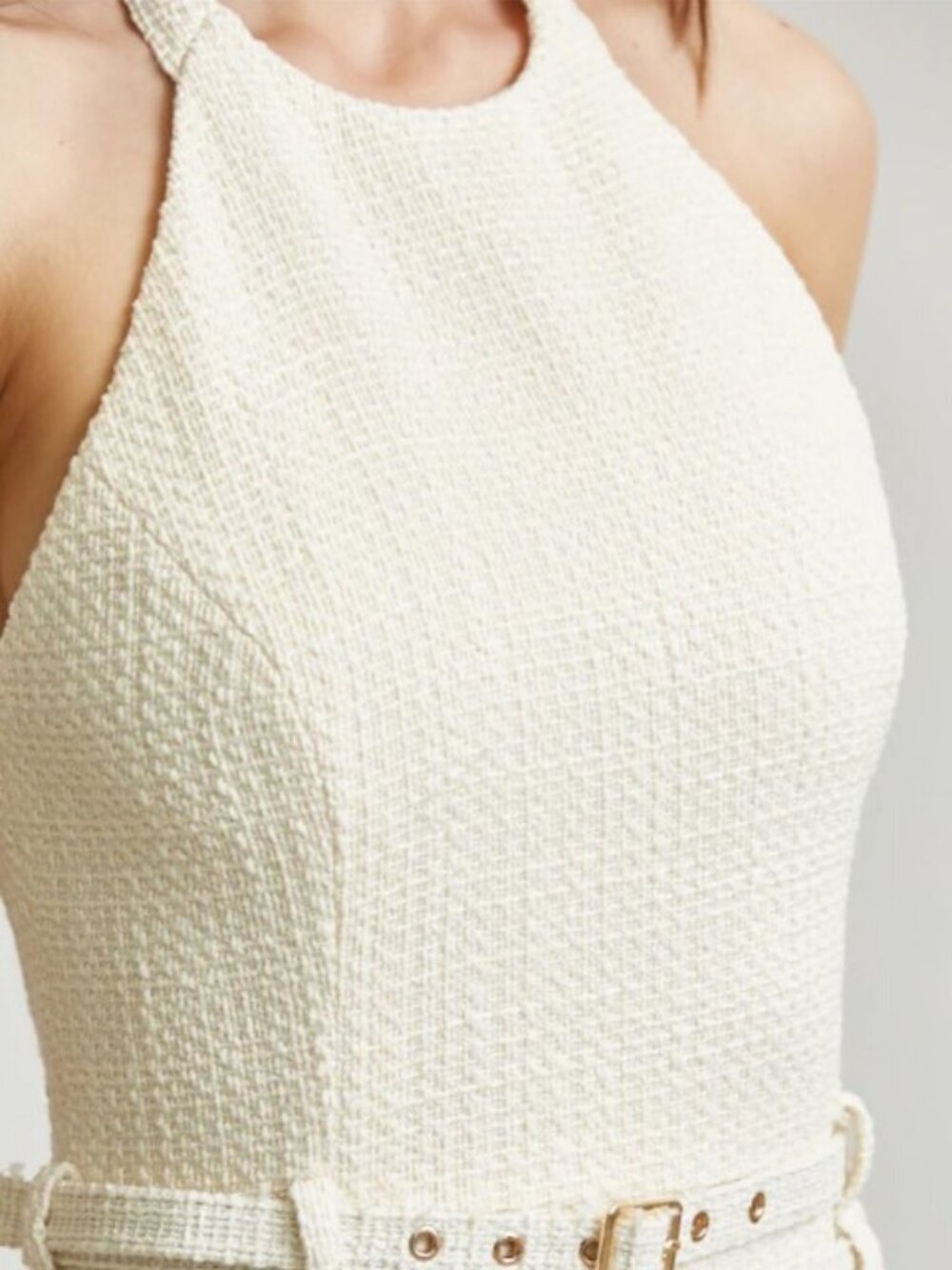 Cream Luxe Halter Pleated Maxi Dress with Double Belt Detail