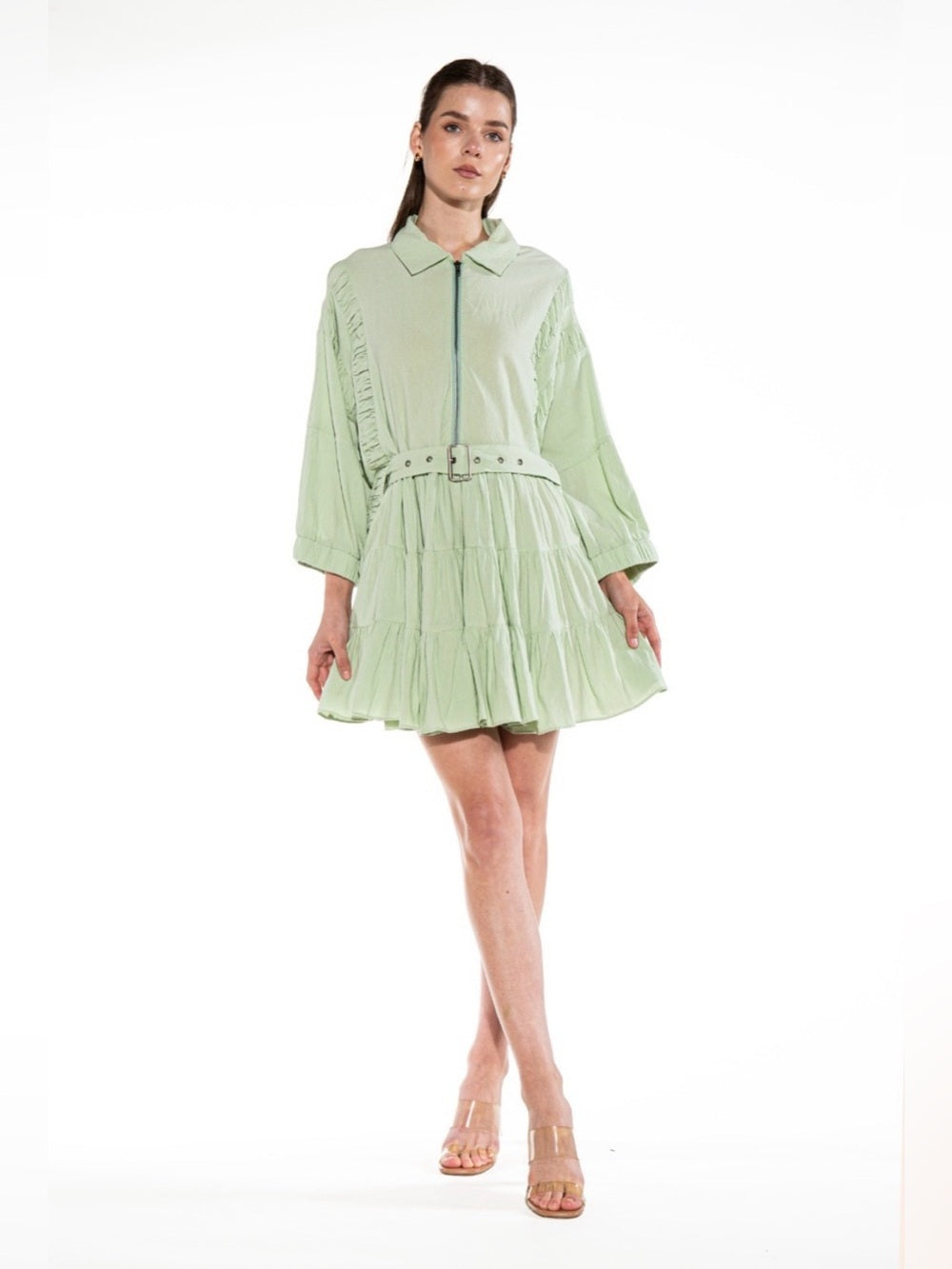 Sage Luxe Belted Tiered Mini Dress