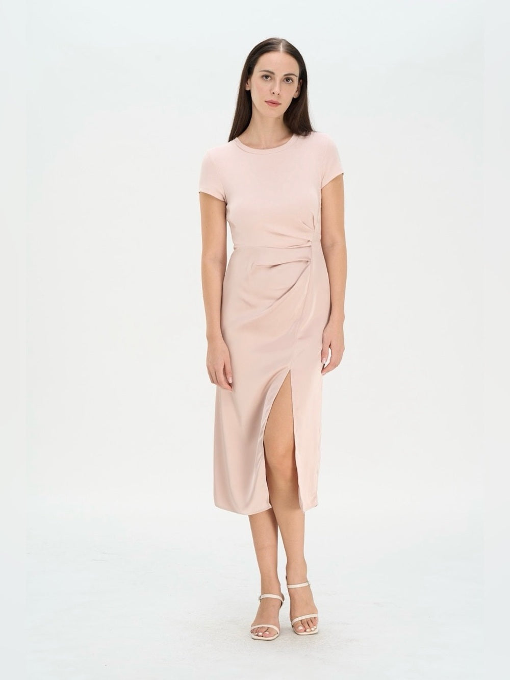 Blush Front Slit Satin Twist Midi Dress