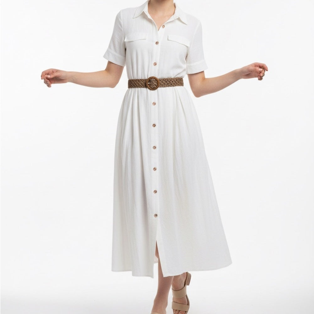 White Button-Down Midi Dress with Belt | Chic Classic Summer Dress