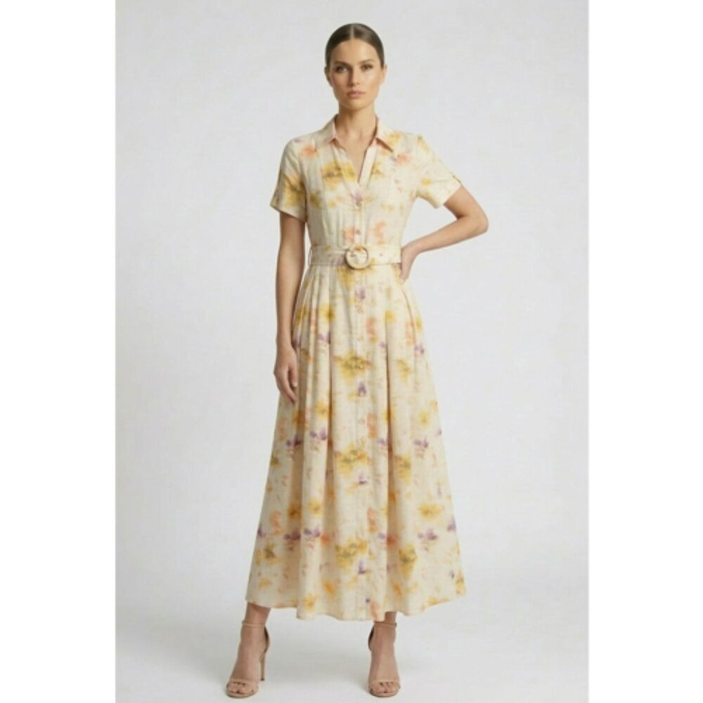 Ivory Watercolor Floral Button Front Maxi Dress With Belt