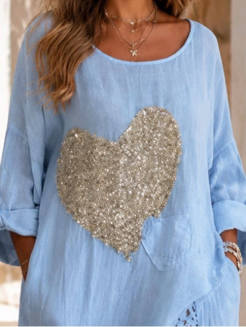 Made In Italy Amore Sequin Heart 100% Linen Asymmetrical Maxi Dress