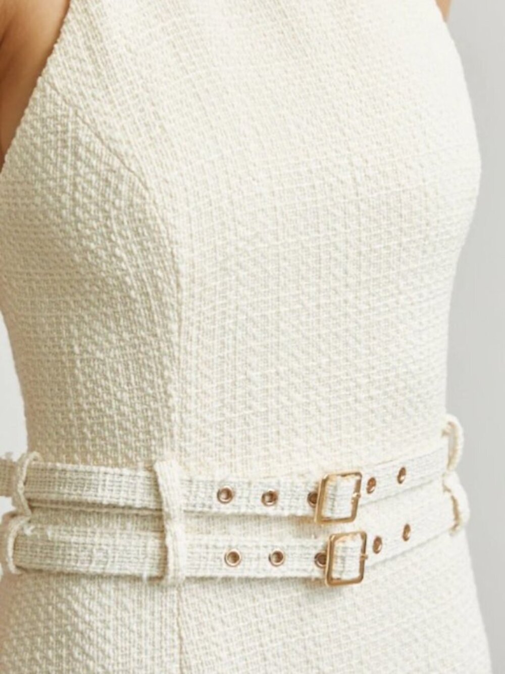 Cream Luxe Halter Pleated Maxi Dress with Double Belt Detail
