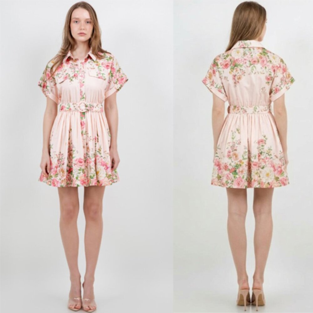 Floral Pink Print Button Front Mini Dress With Belt