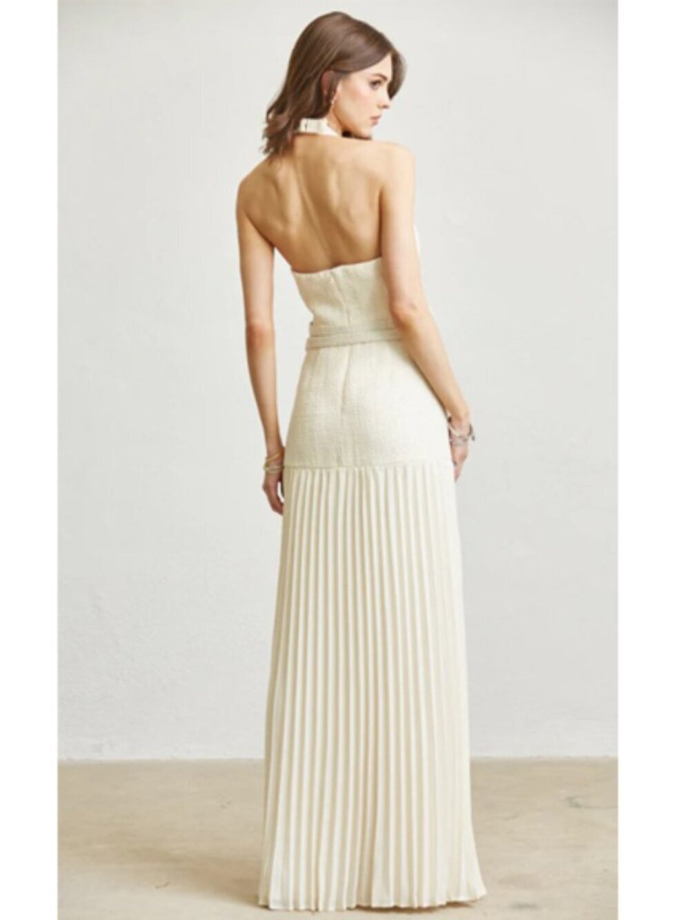 Cream Luxe Halter Pleated Maxi Dress with Double Belt Detail