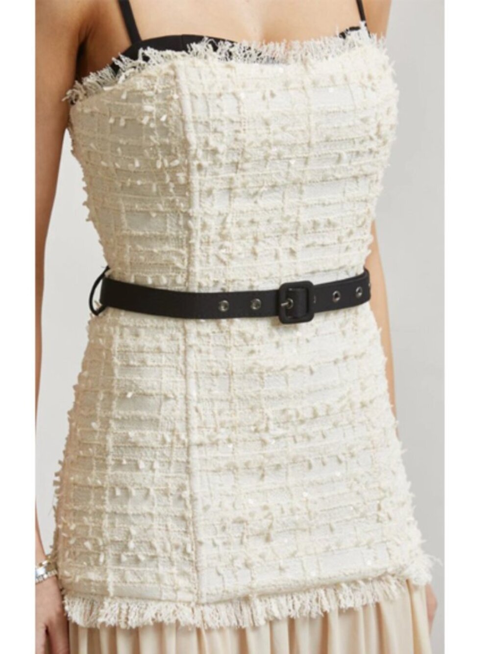 Ivory & Black Tweed Bodice Maxi Dress with Flowing Skirt & Belt Detail