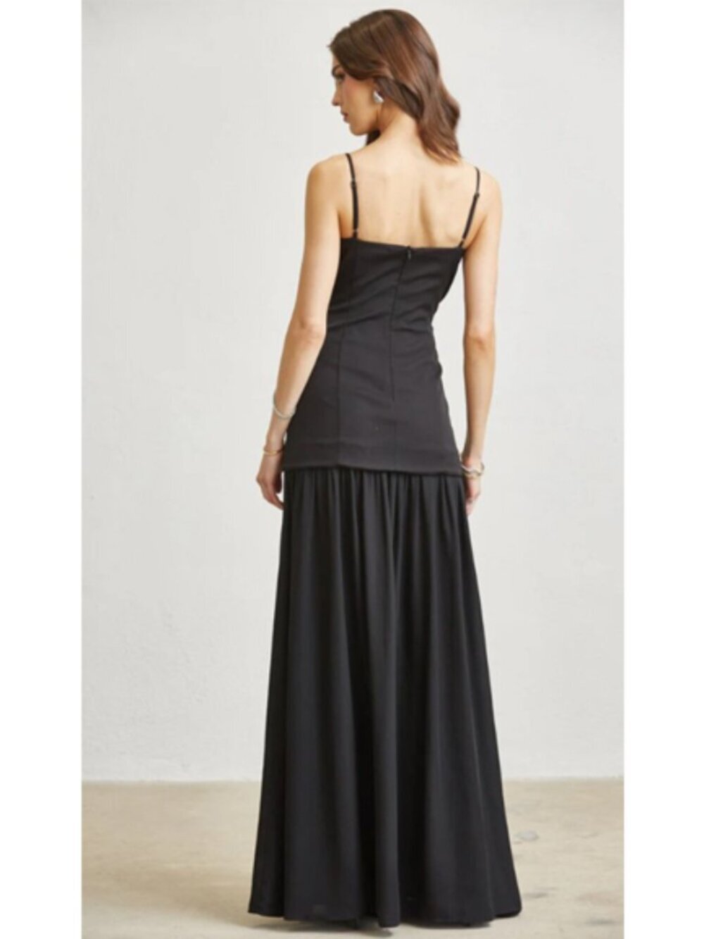 Black & Ivory Corset Maxi Dress with Rhinestone & Pearl Applique Peekaboo Bust