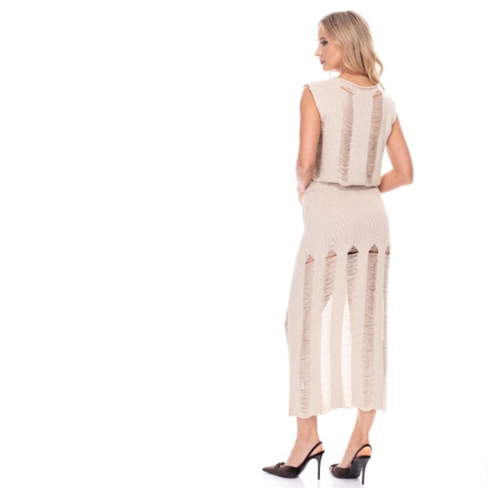Beige Distressed Knit Two-Piece Set | Cropped Top & Maxi Skirt | Boho Chic Resor