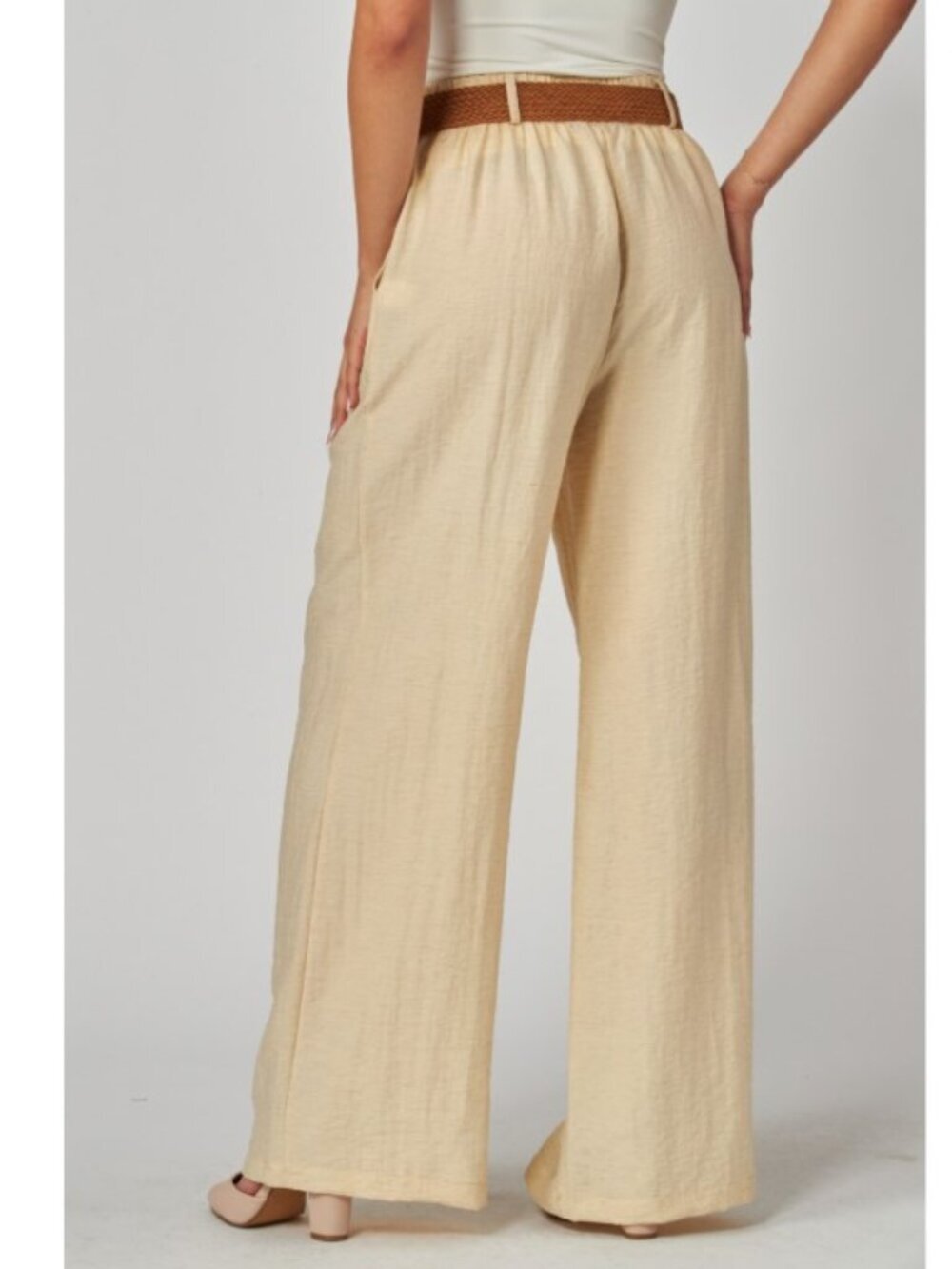 Butter Linen Pleated Pants with Woven Rattan Stretch Belt