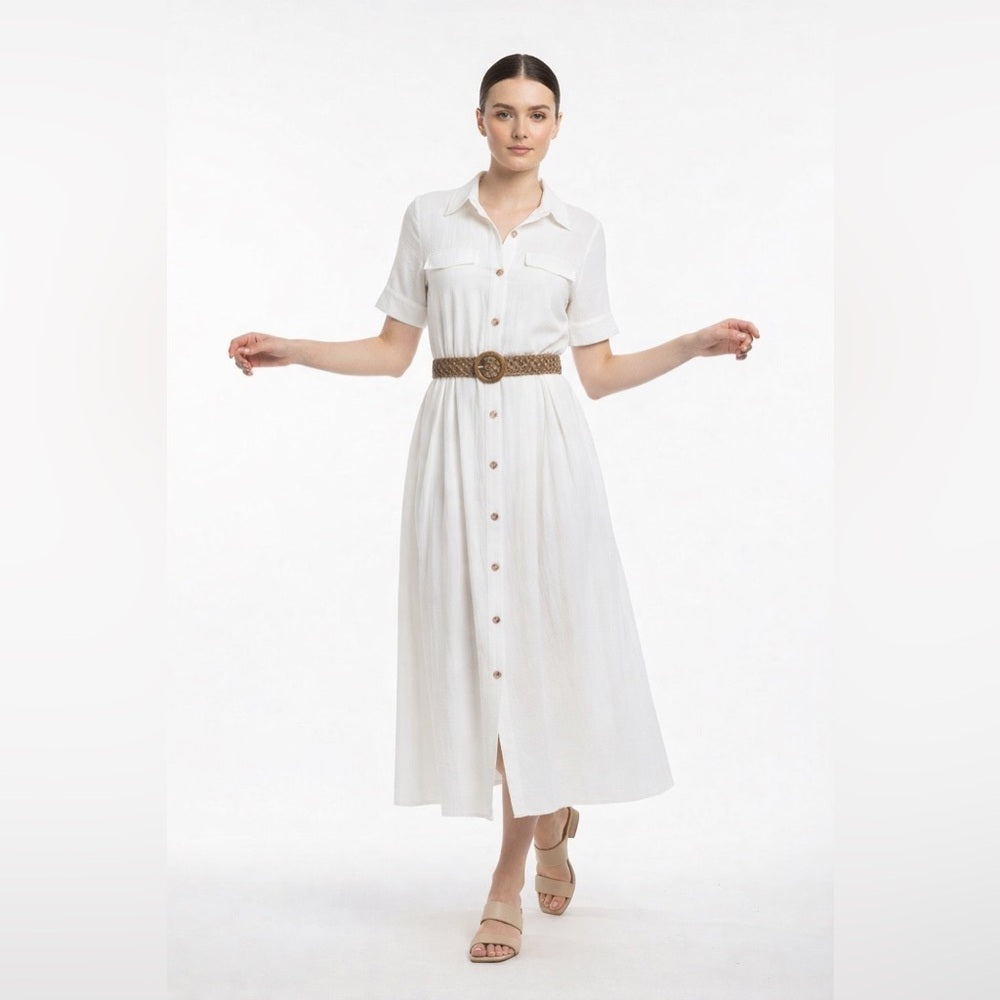 White Button-Down Midi Dress with Belt | Chic Classic Summer Dress