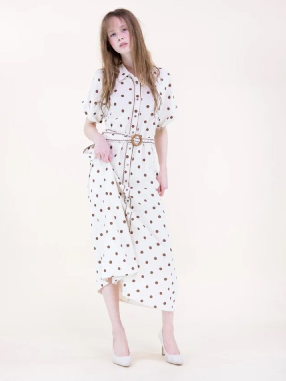 Chic Ivory & Mocha Polka Dot Midi Dress with Belt – Elegant Button-Down Style