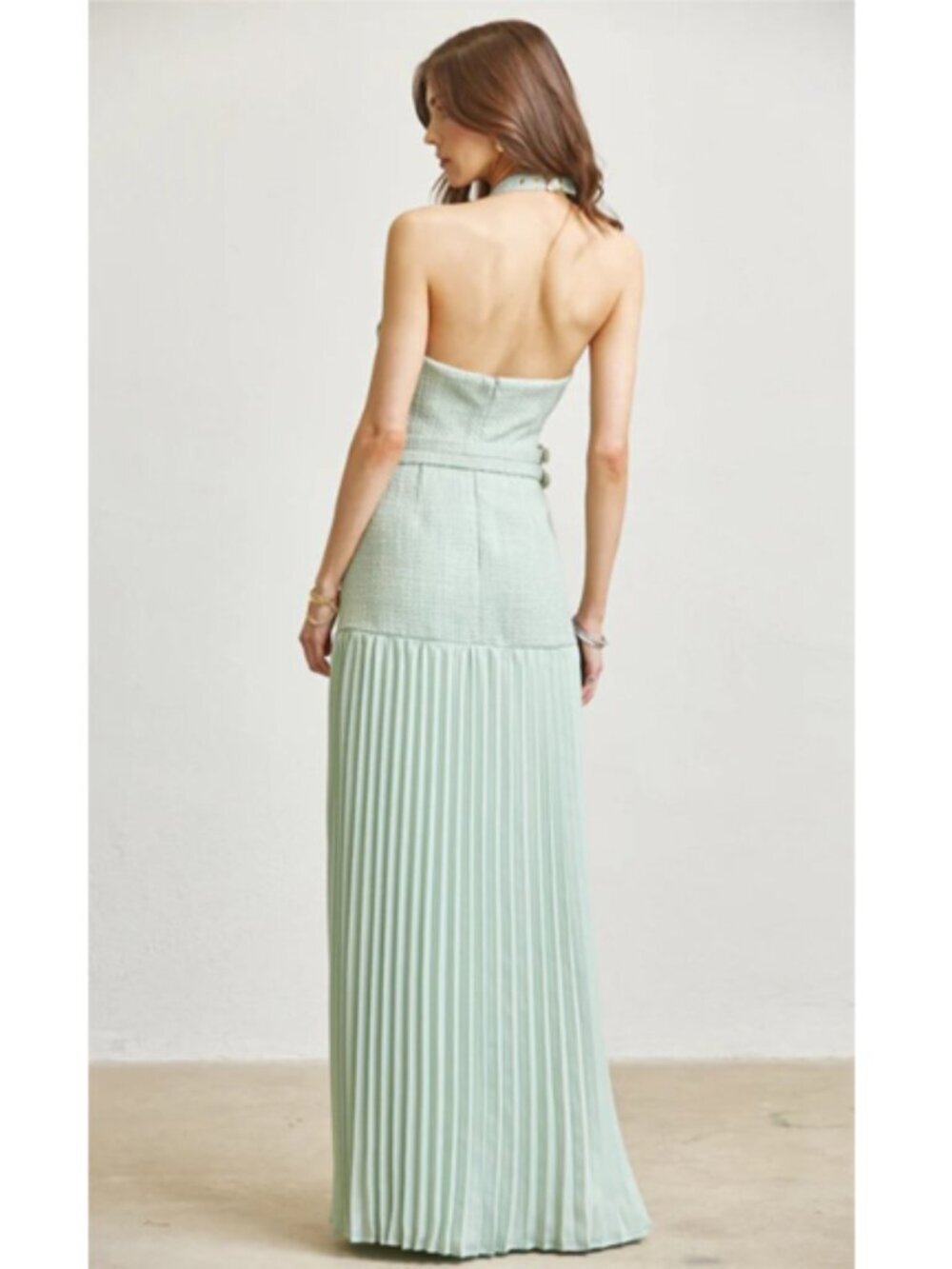 Sage Green Luxe Halter Pleated Maxi Dress with Double Belt Detail