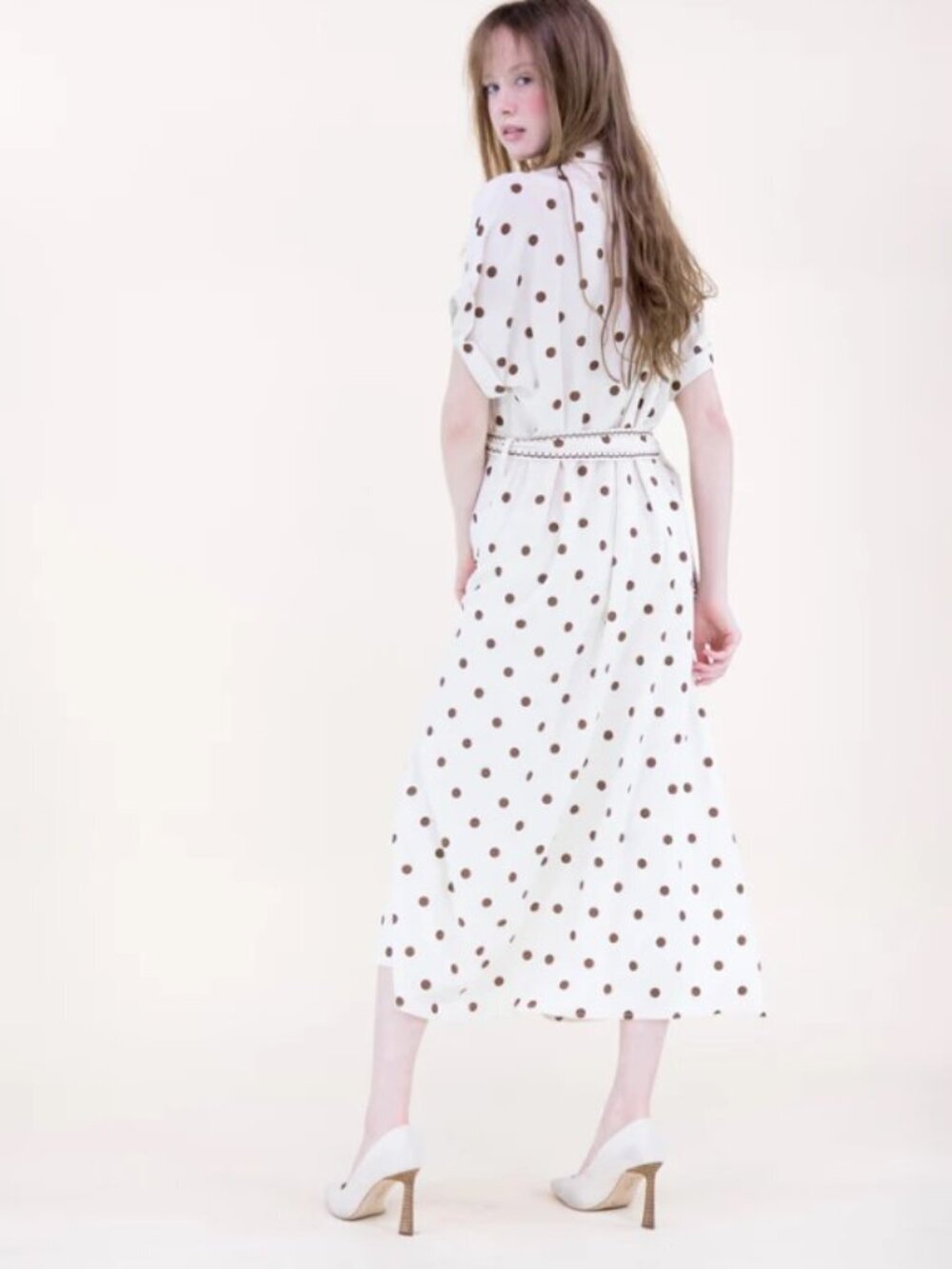 Chic Ivory & Mocha Polka Dot Midi Dress with Belt – Elegant Button-Down Style