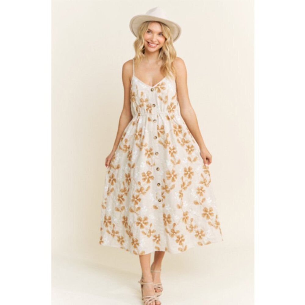 3D Floral Textured Natural Woven Fabric Tank Midi Tiered Dress