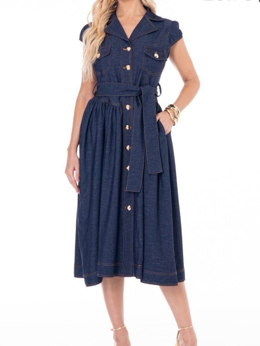 Elegant Denim Button-Front Midi Dress with Tie Waist