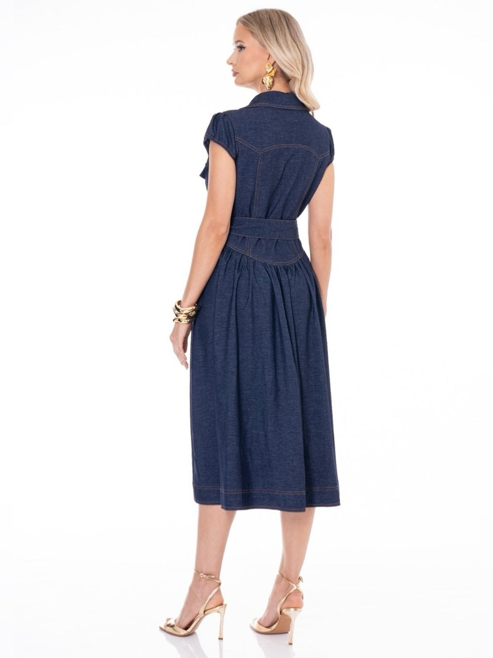 Elegant Denim Button-Front Midi Dress with Tie Waist