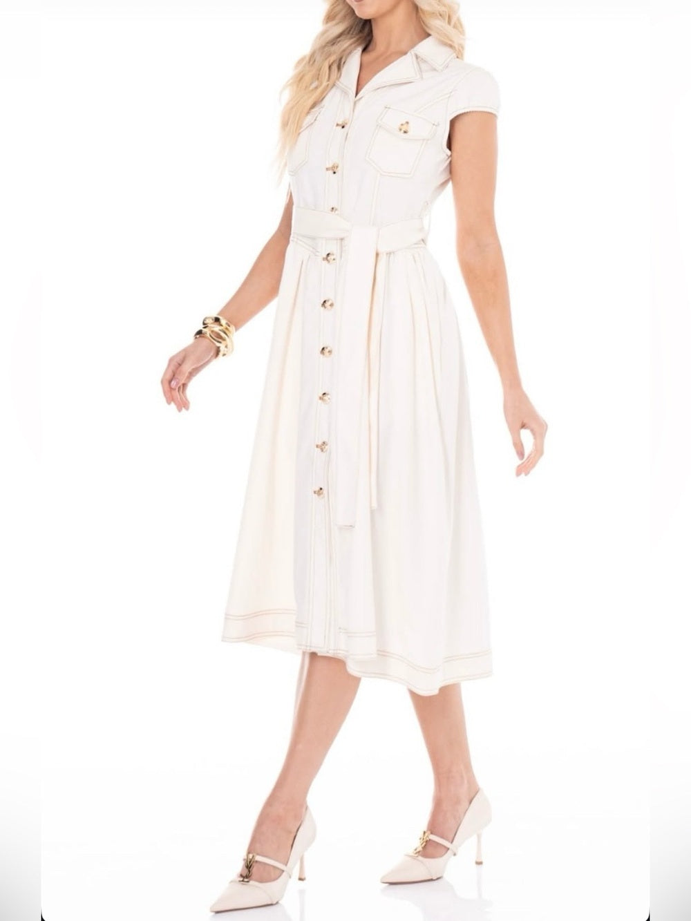 Elegant Cream/White Denim Button-Front Midi Dress with Tie Waist