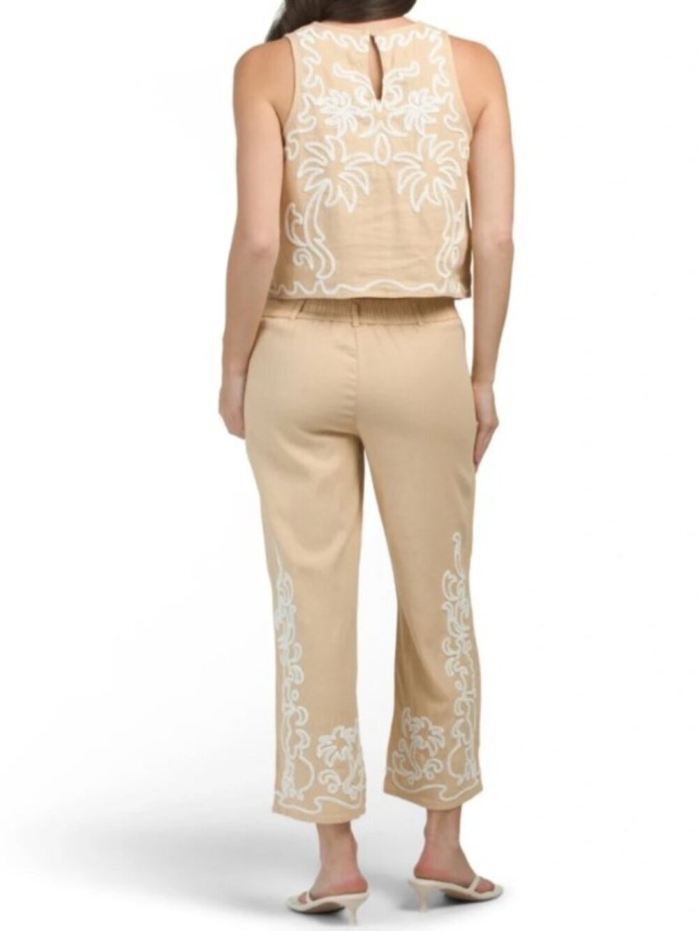 Embroidered Linen-Blend Two-Piece Set | Elegant Crop Top & Wide-Leg Pants