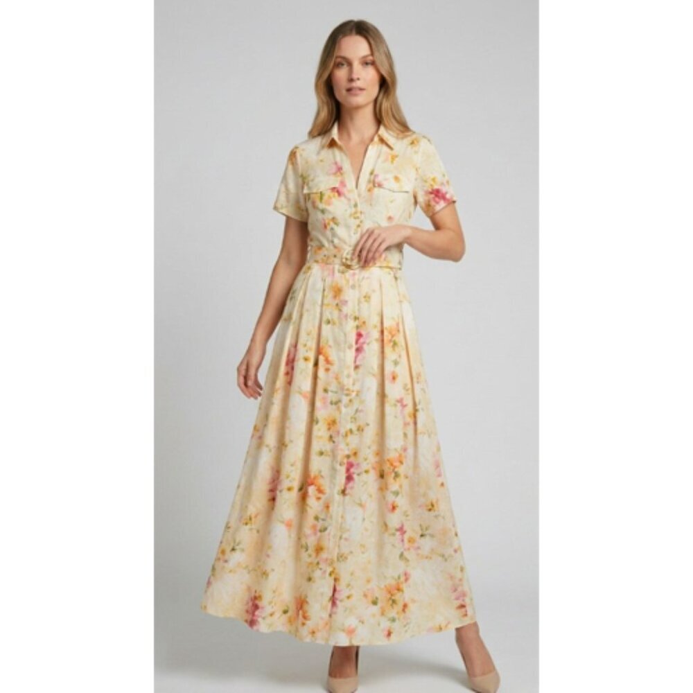 Yellow Watercolor Floral Button Front Maxi Dress With Belt